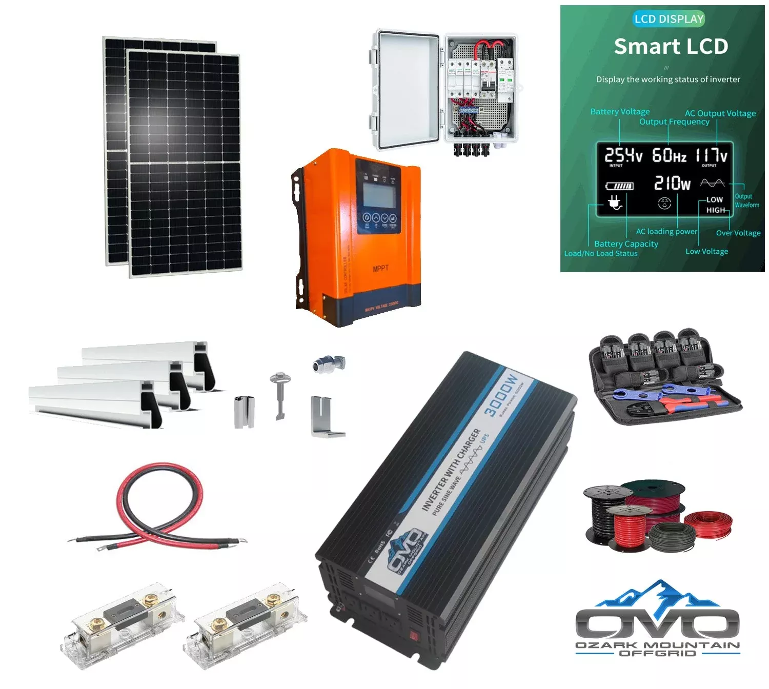1.1KW Offgrid Solar Kit + 3KW Inverter/Charger + 60A MPPT Charge Controller