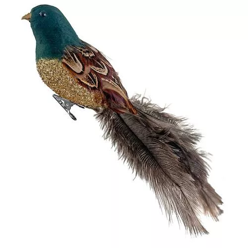 12" Feather Bird with Gold Glitter and Ostrich Tail Ornament