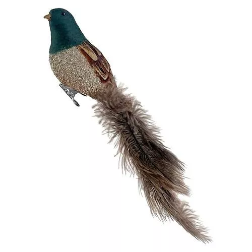 12″ Feather Bird with Silver Glitter and Ostrich Tail Ornament
