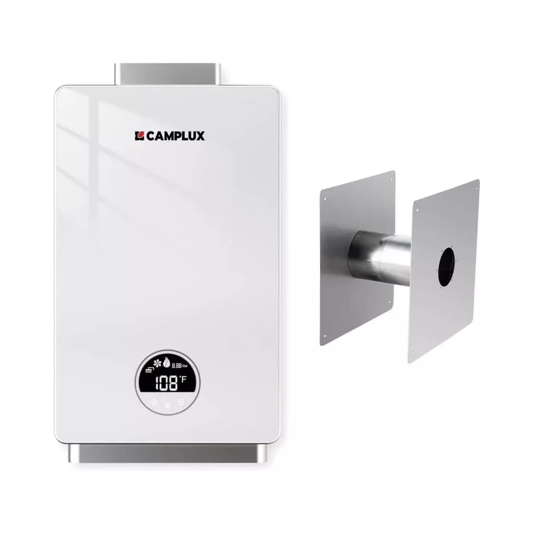 3.18 GPM Indoor Propane Tankless Water Heater with Wall Thimble, White