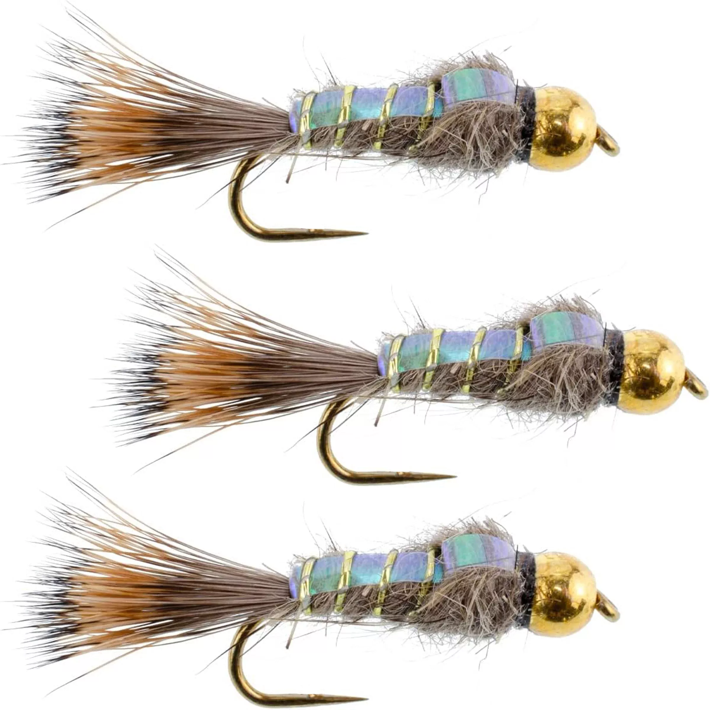 3 Pack Barbless Bead Head Flash Back Gold Ribbed Hare’s Ear Nymph Flies Hook Size 14
