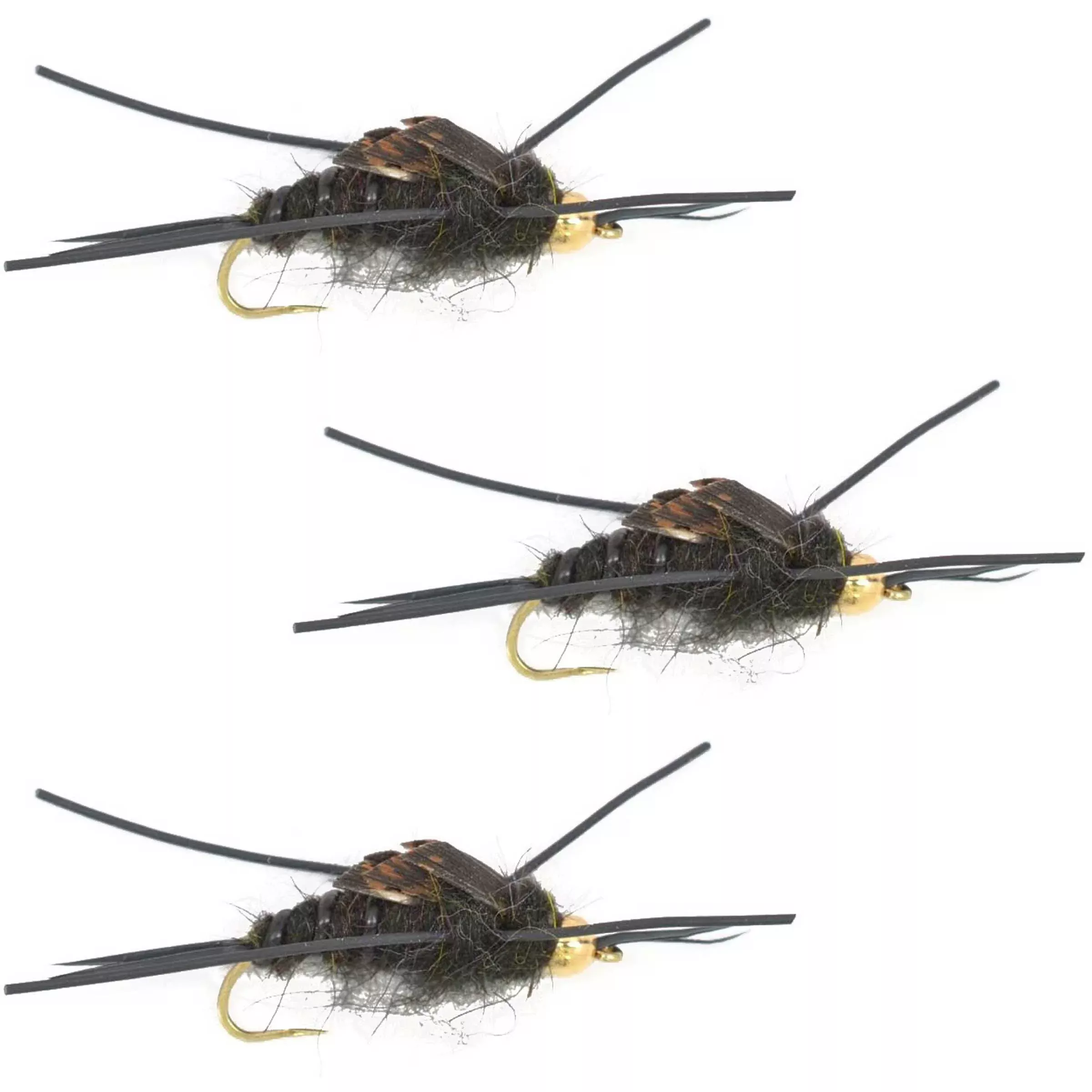 3 Pack Barbless Gold Bead Kaufmann’s Black Stone Fly with Rubber Legs – Stonefly Wet Fly – Hook Size 4