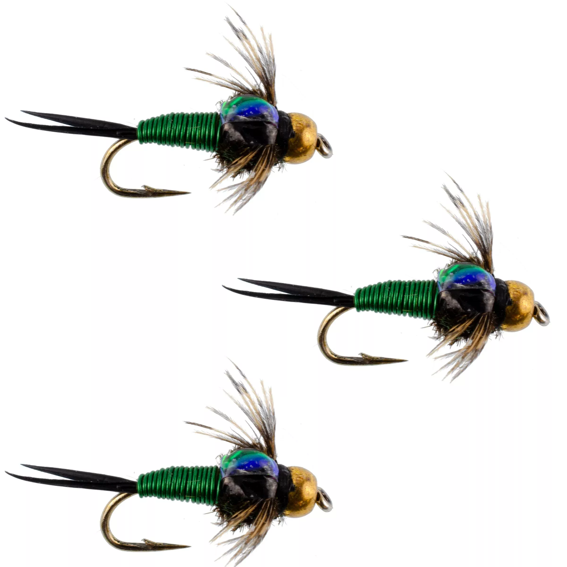 3 Pack Bead Head Green Copper John Nymph Fly Fishing Flies -Hook Size 18
