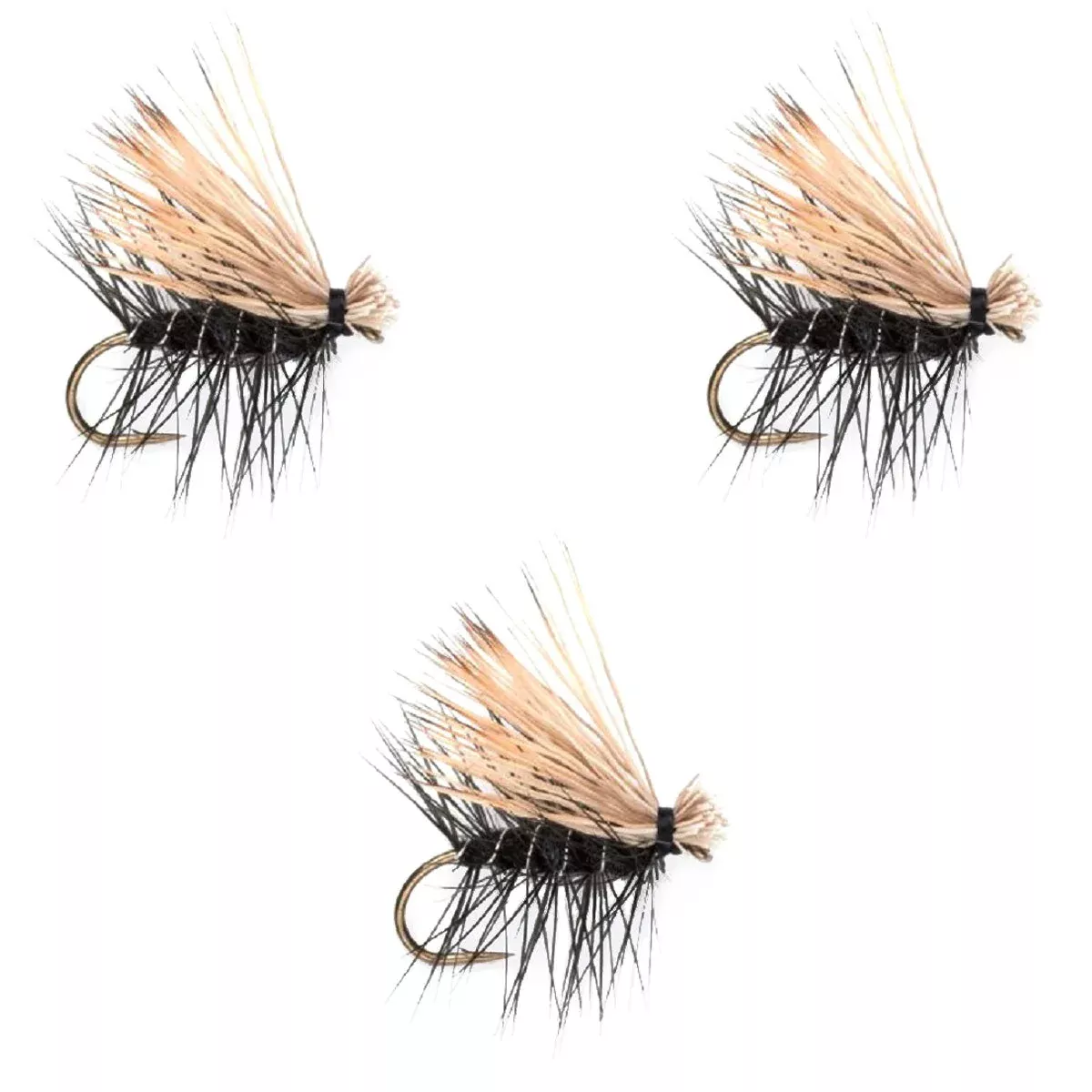 3 Pack Black Elk Hair Caddis Classic Trout Dry Flies Size 16