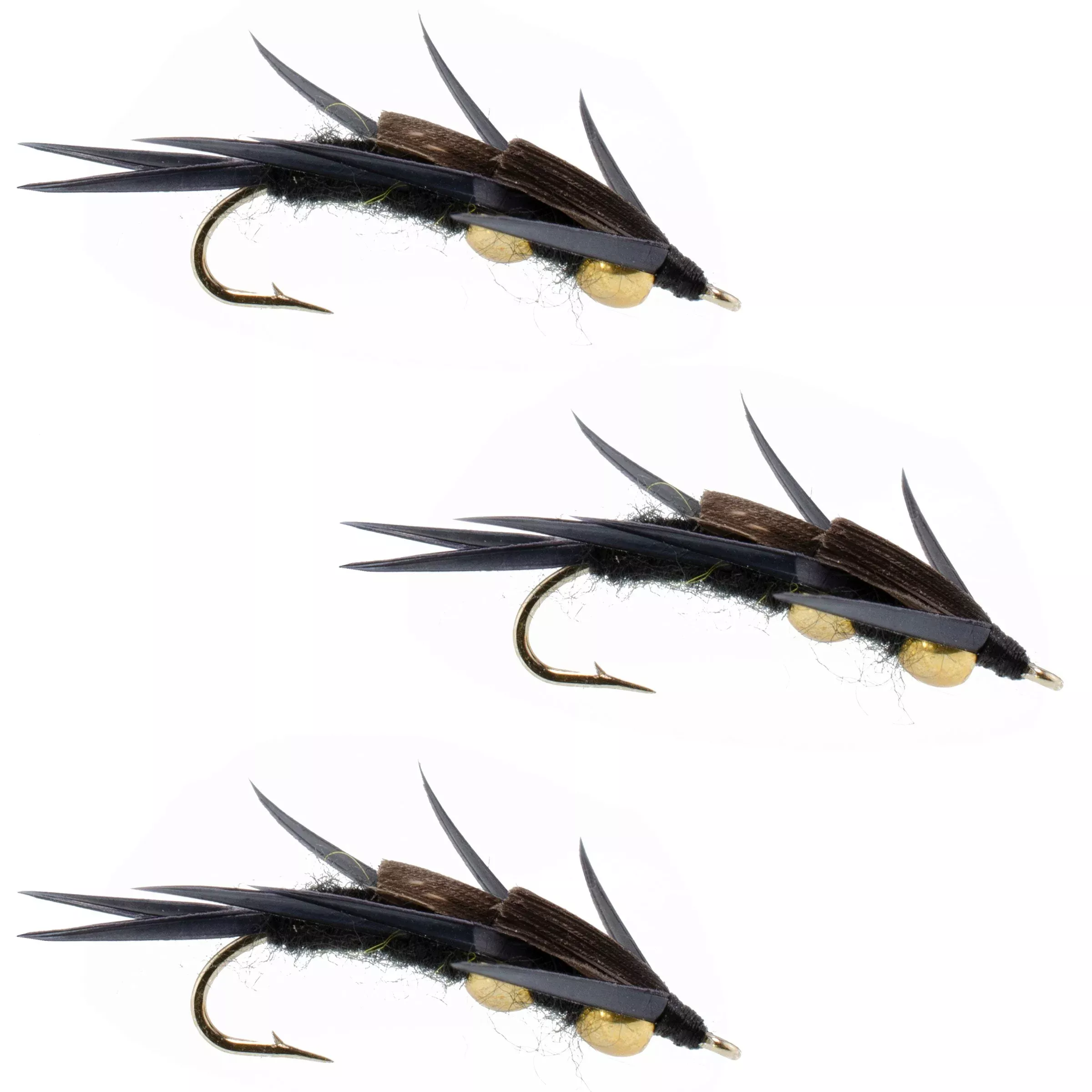 3 Pack Double Bead Black Stone Fly with Black Biot Legs – Stonefly Wet Fly – Hook Size 10