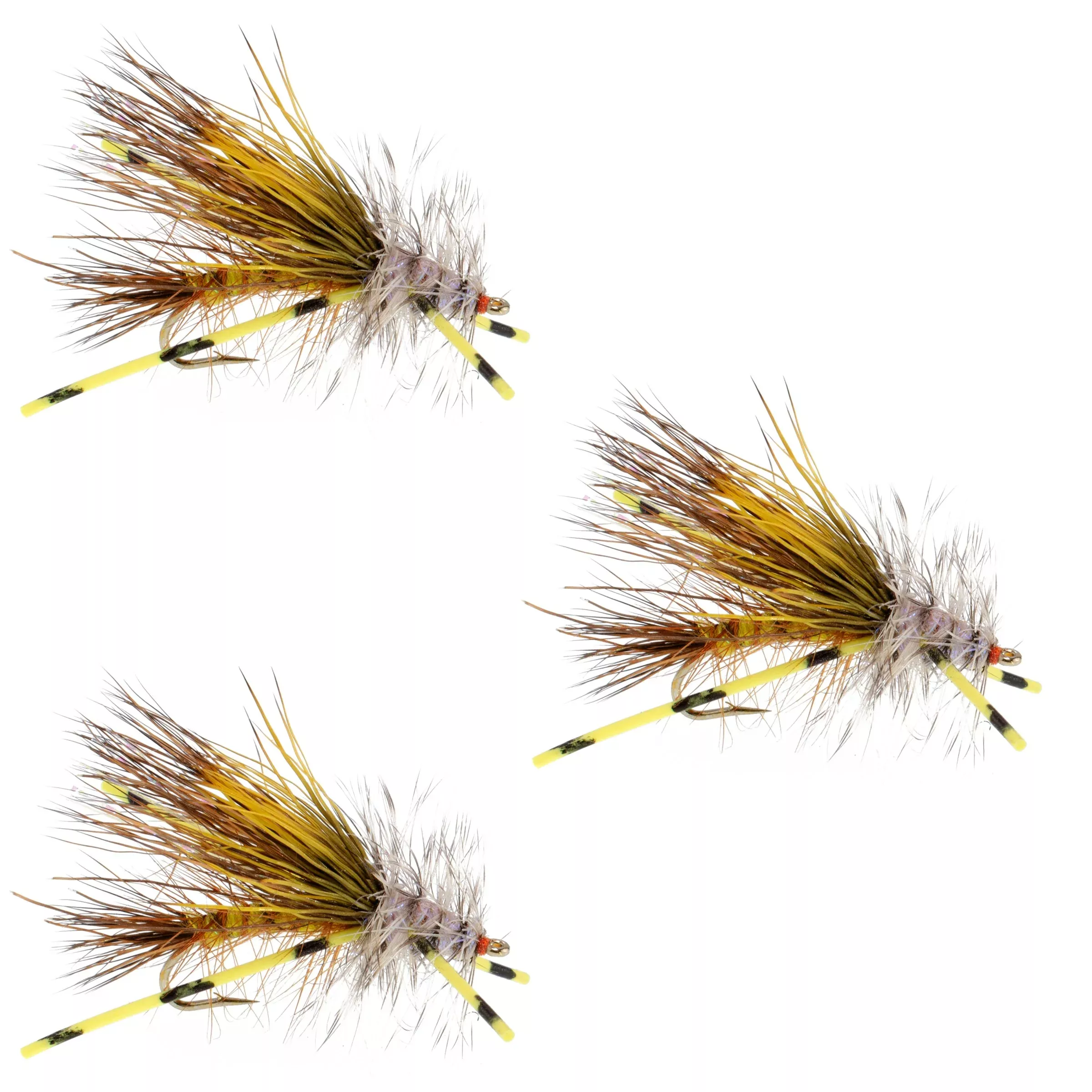 3 Pack Kaufmann’s Yellow Crystal Stimulator Rubber Legs Dry Fly – Hook Size 12