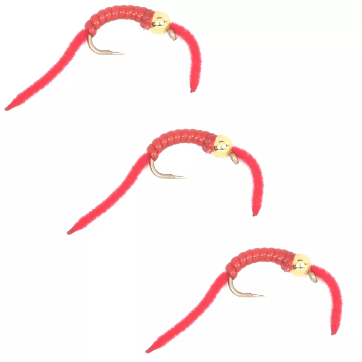 3 Pack San Juan Power Worm Gold Bead Head Red V-Rib – Hook Size 10