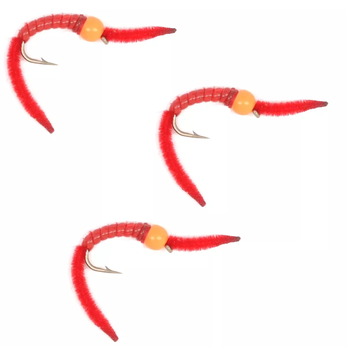 3 Pack San Juan Power Worm Hot Head Orange Bead Red V-Rib – Hook Size 10