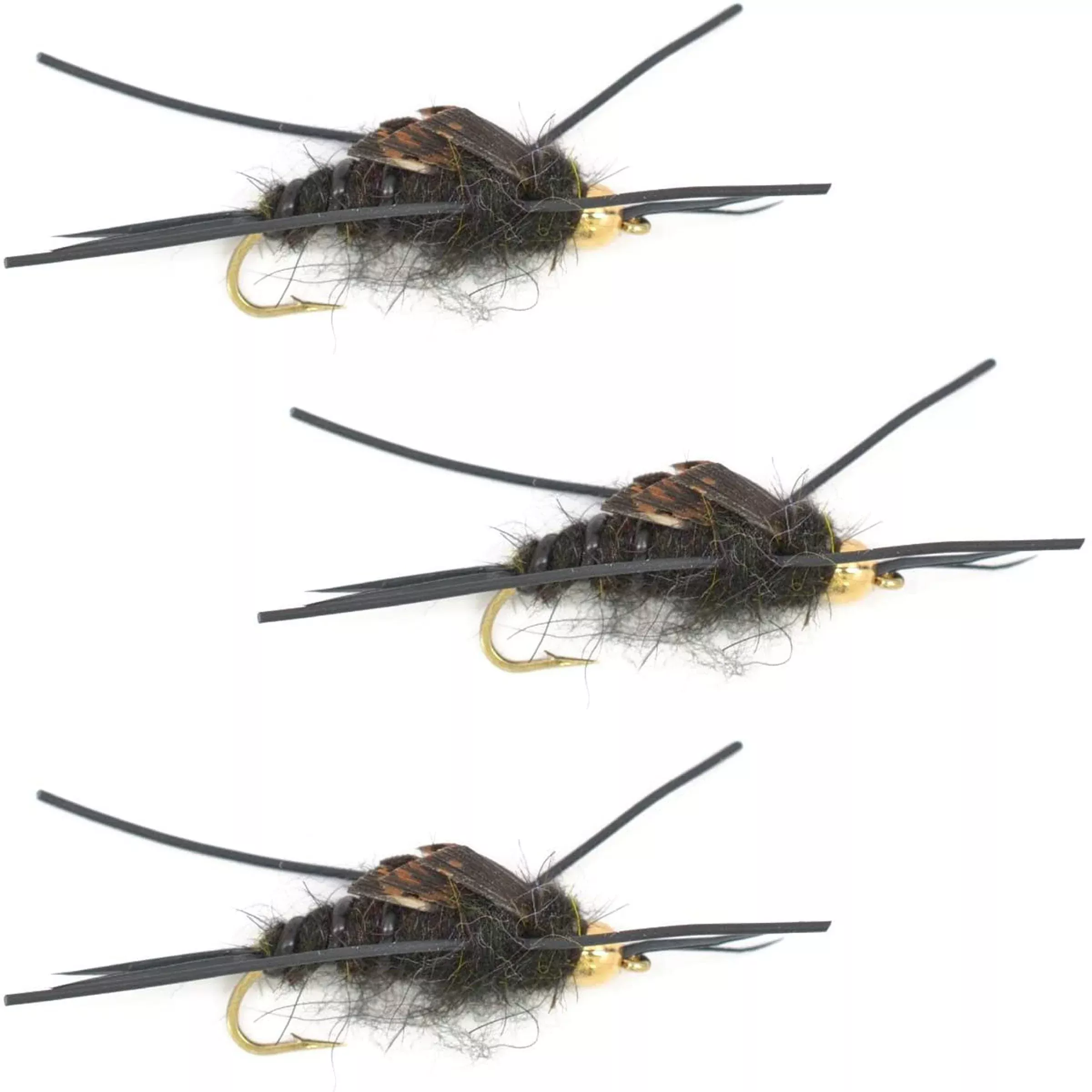3 Pack Tungsten Bead Kaufmann’s Black Stone Fly with Rubber Legs – Stonefly Wet Fly – Hook Size 10