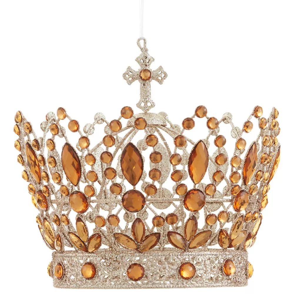 7" Glittered Rhinestone Crown Ornament Amber Gold