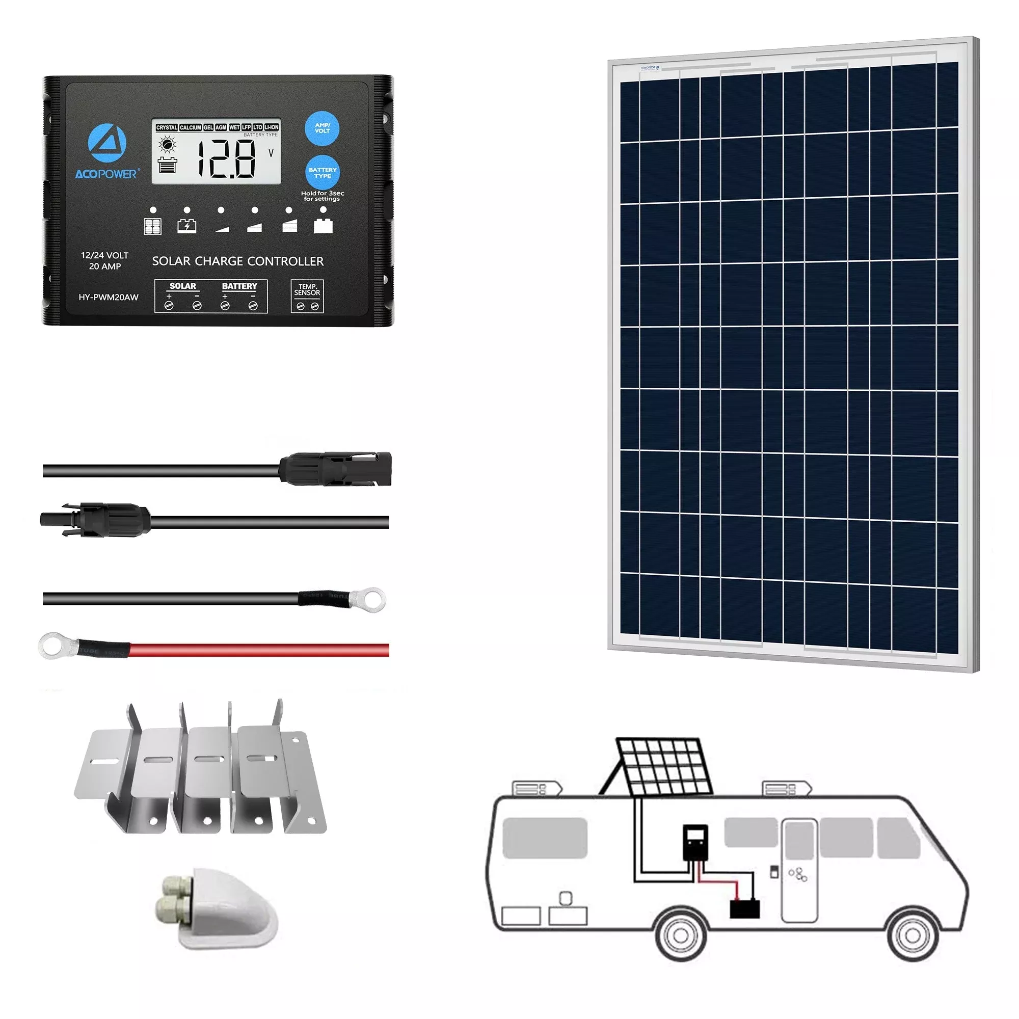 ACOPOWER 12VPolycrystalline Solar RV Kits + MPPT / PWM Charge Controller (SC)
