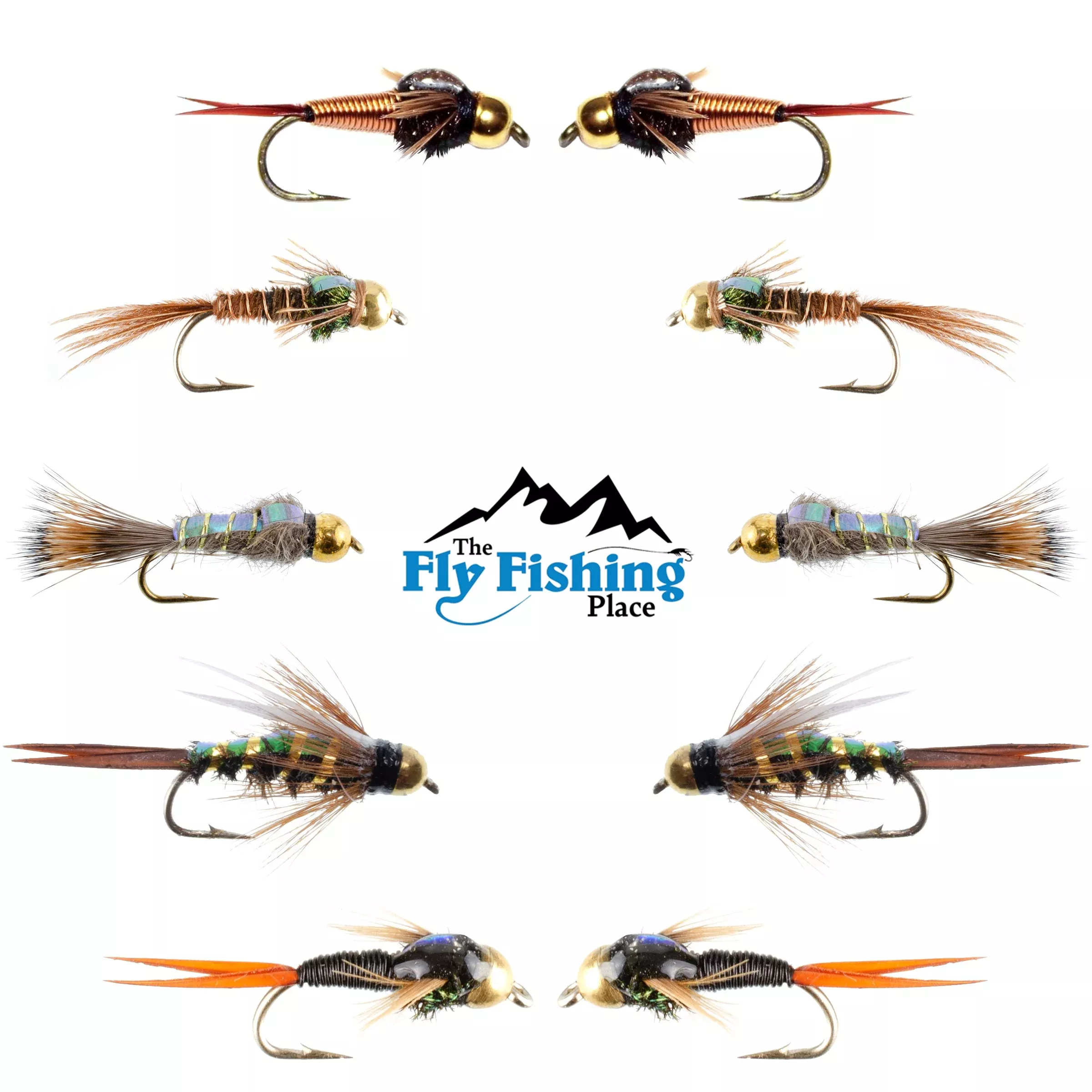 Basics Collection – Copper John and Flash Back Bead Head Nymph Assortment – 10 Wet Flies – 5 Patterns – Hook Sizes 10, 12, 14, 16