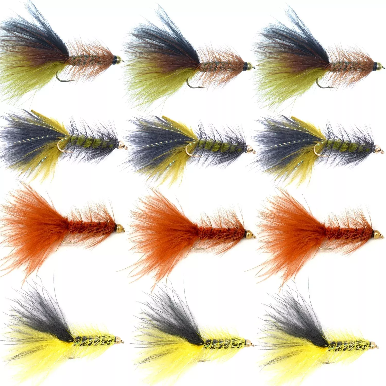 Bead Head Crystal Woolly Bugger Streamer Flies – Set of 12 Bass and Trout Flies – Hook Size 4