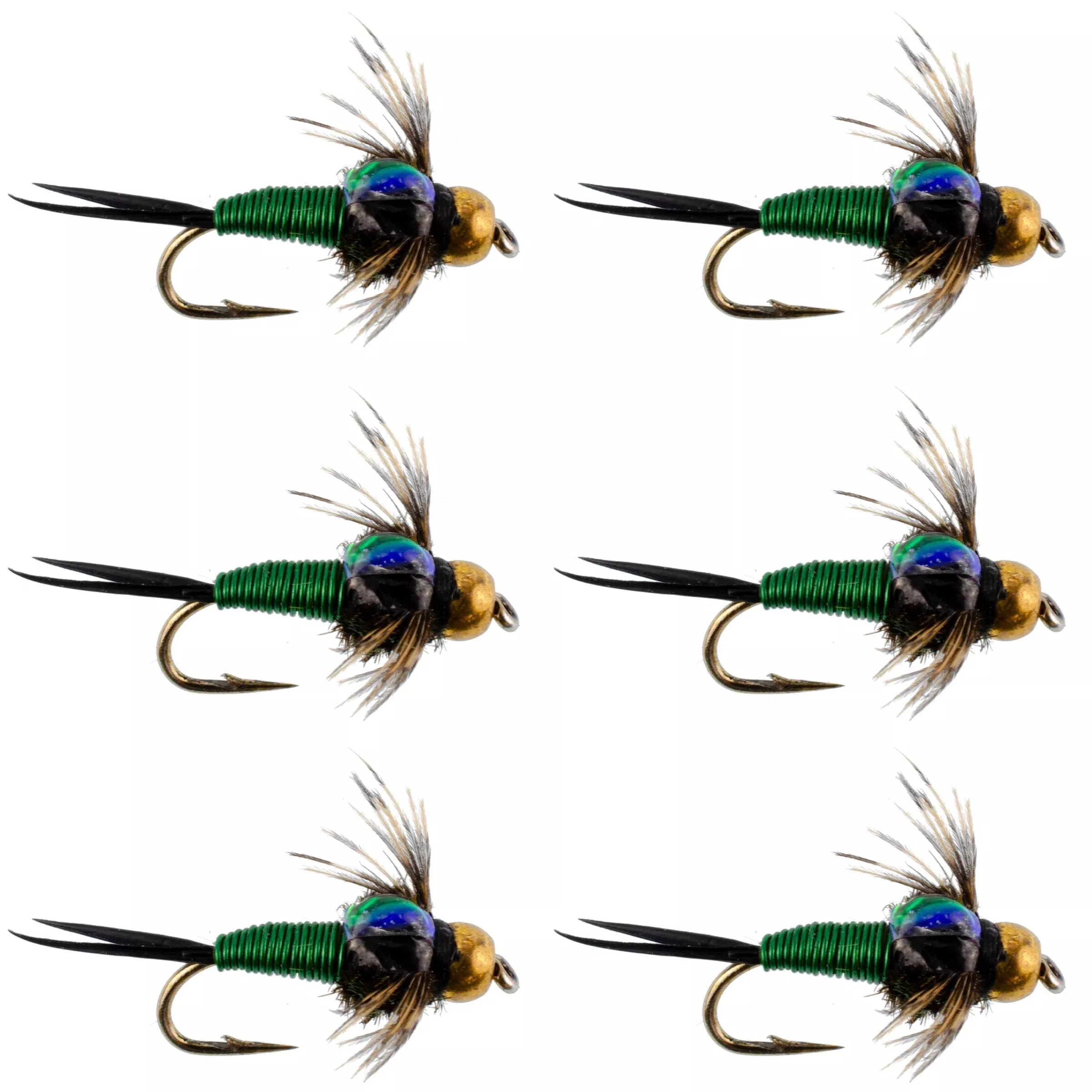 Bead Head Green Copper John Nymph Fly Fishing Flies – Set of 6 Flies Hook Size 12