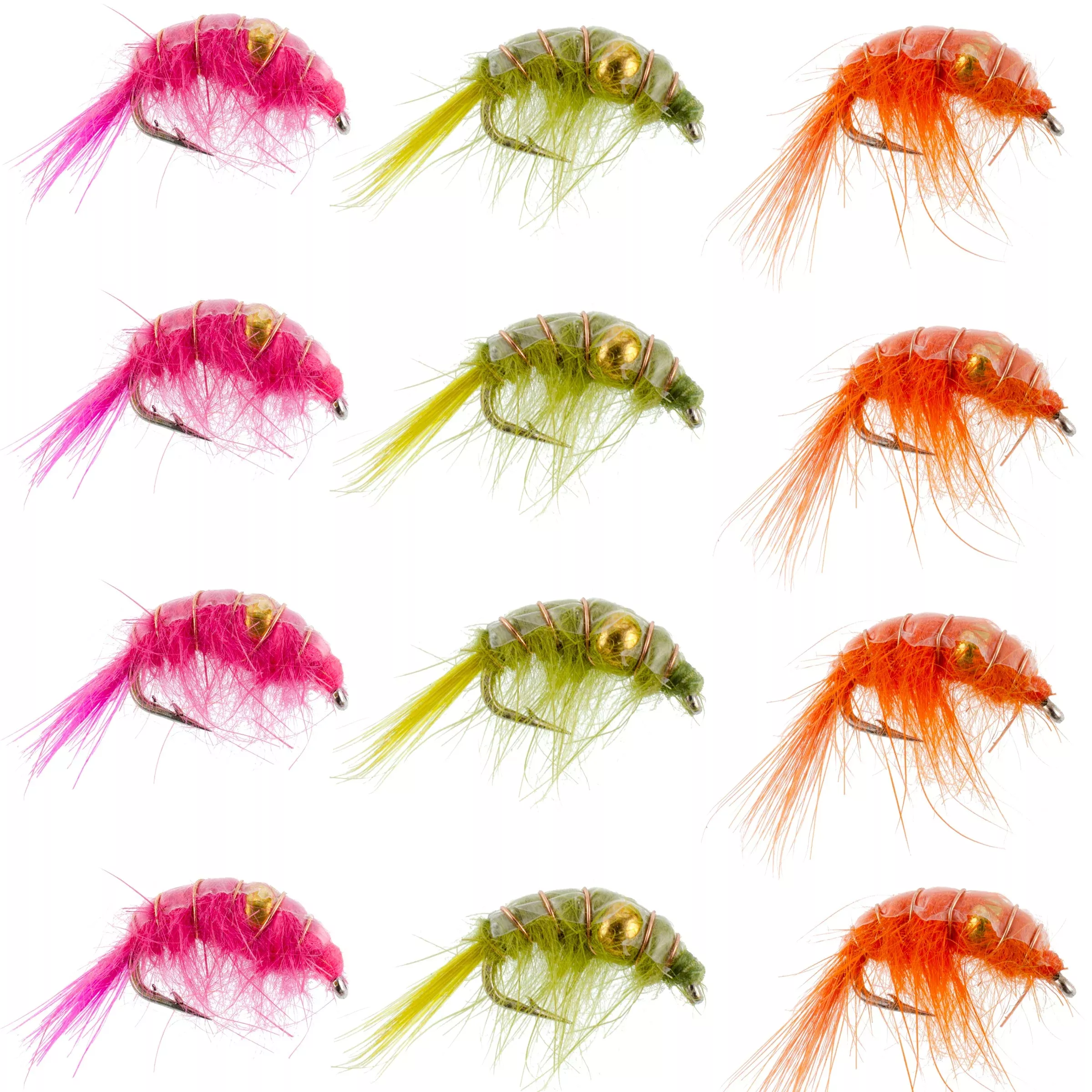 Beaded Shrimp Scud Assortment – 1 Dozen – 4 Each of 3 Patterns Size 12 – Tailwater Lake Fly Fishing Flies Collection