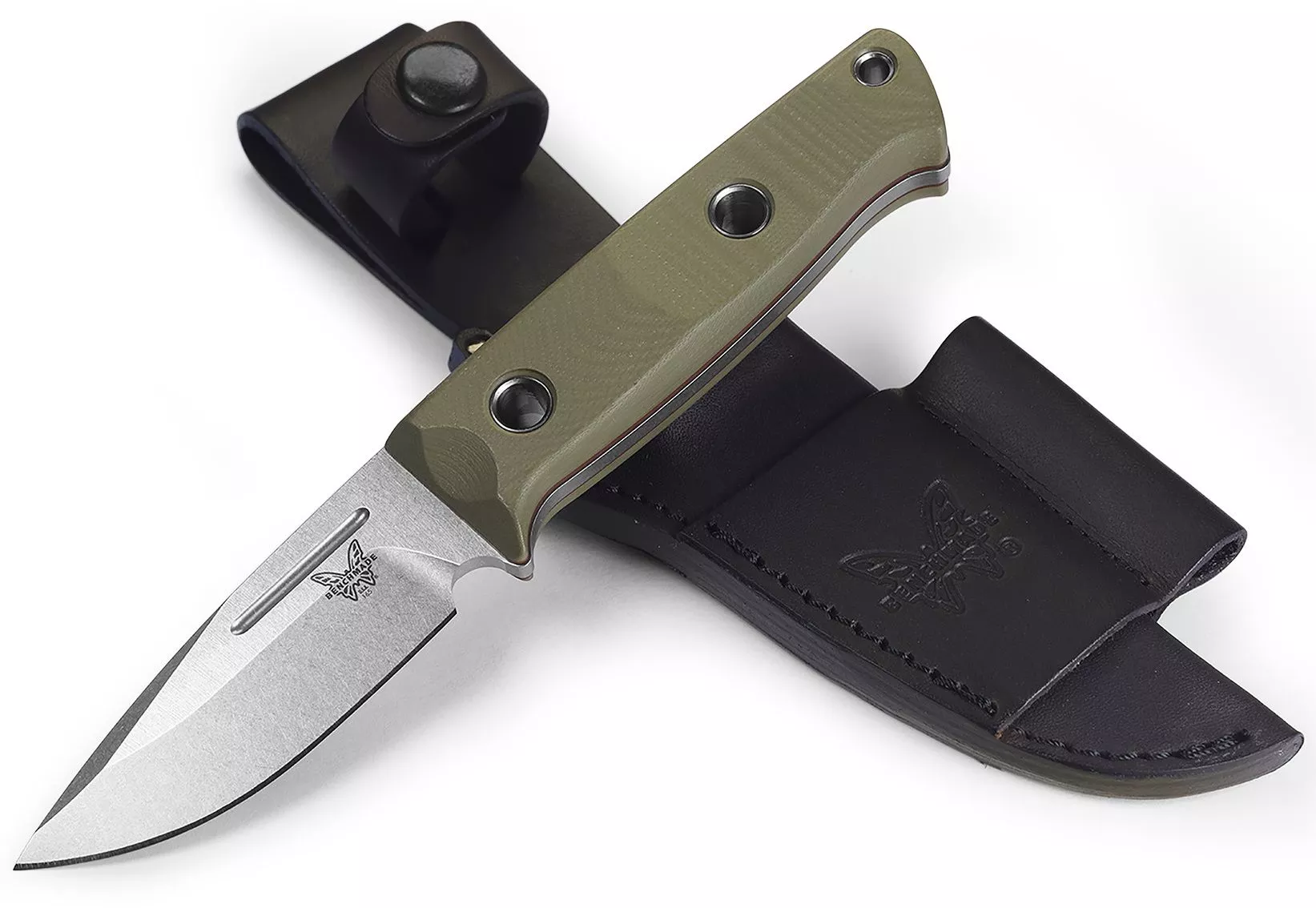 Benchmade 165-1 Shane Sibert Mini Bushcrafter Fixed Blade Knife, 3.38″ CPM-S30V Drop Point Blade, Green G10 Handles W/ Red Spacers, Genuine Leather Sheath