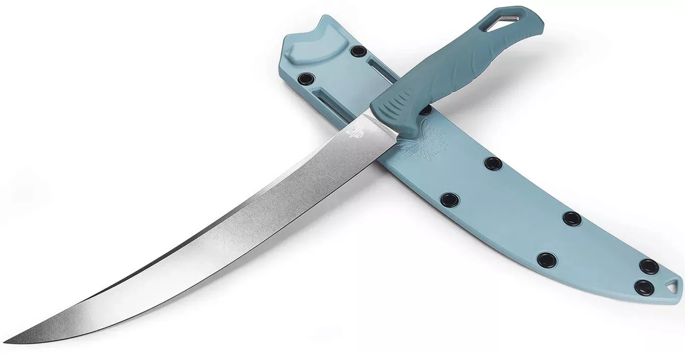 Benchmade 18010 Fishcrafter Fixed Blade Knife, 7″ CPM-MagnaCut Trailing Point Blade, Depth Blue Santoprene Handle W/ Molded Sheath