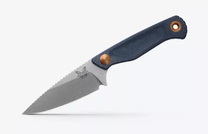 Benchmade 203-04 Dacian Fixed Blade Knife, 3.54″ CPM-MagnaCut Spear Point Blade, Blue Denim Micarta Handles, Leather Sheath