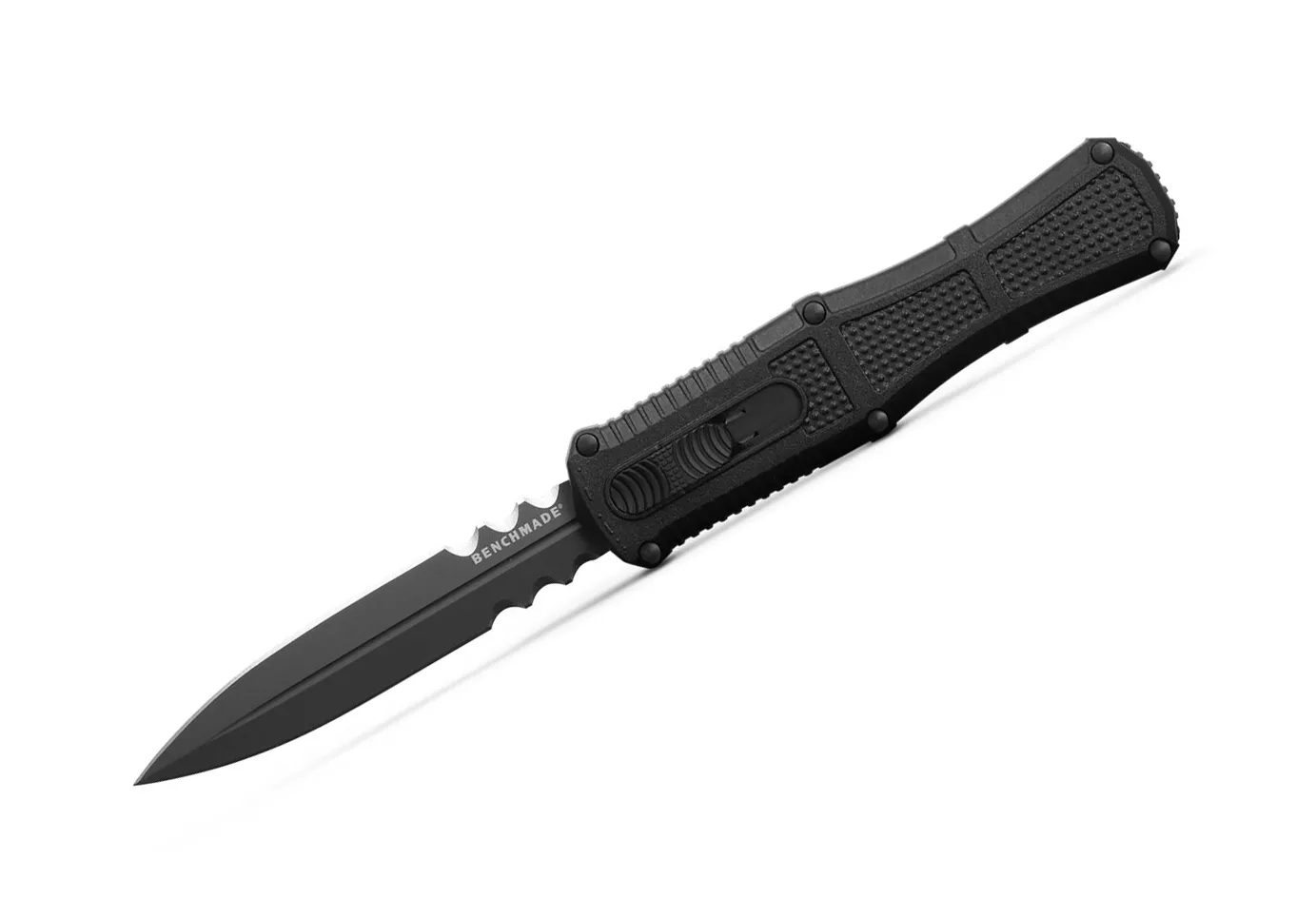 Benchmade 3370SGY Claymore OTF AUTO, 3.89″ CPM-D2 Partial Serrated Double Edge Smoke Gray Blade, Black Grivory Handles W/ Clip