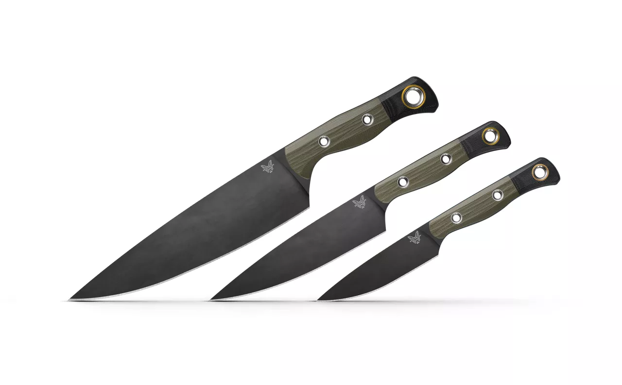 Benchmade 4000BK-01 Three Piece Fixed Blade Kitchen Knife Set, Cerakote CPM-154 Blades, Green G-10 Handles