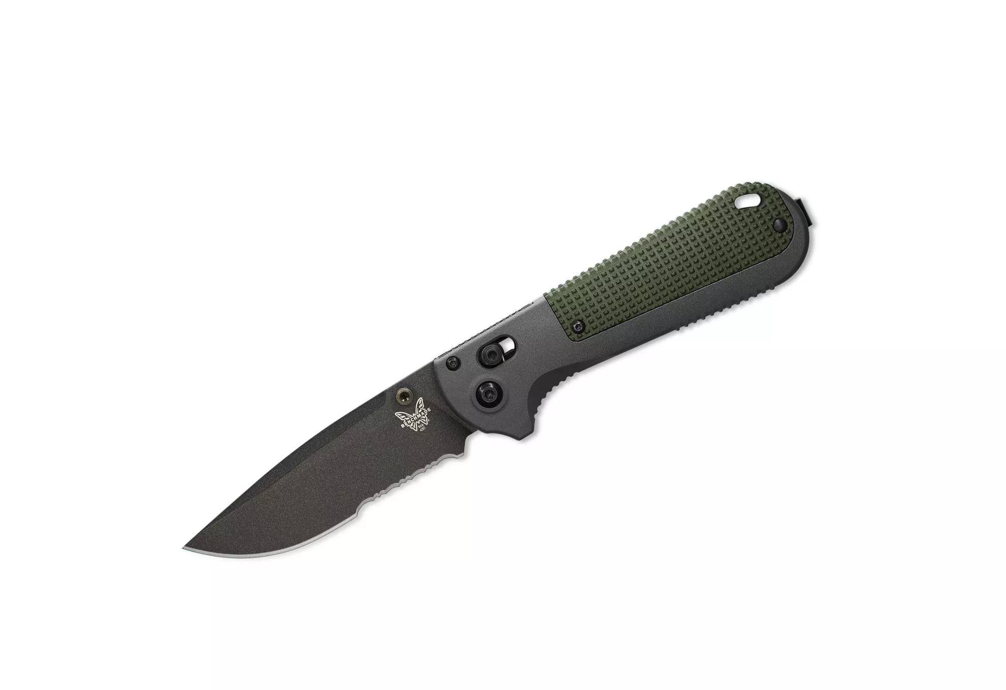 Benchmade 430SBK Redoubt Folding Knife 3.55″ Partial Serrated Graphite CPM-D2 Blade, Gray & Green Grivory Handles (Out Of Production)