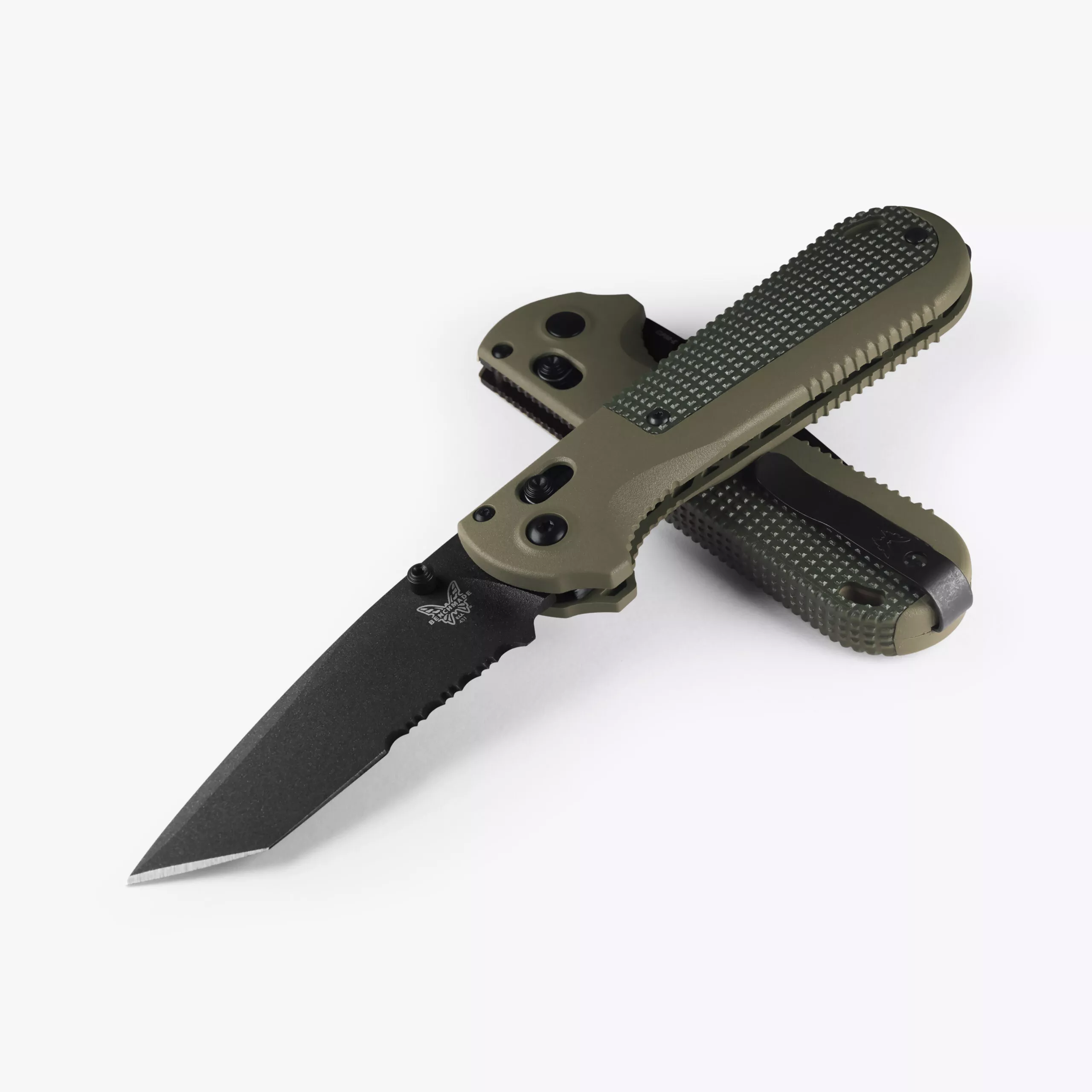 Benchmade 431SBK-1 Redoubt Folding Knife, 3.55″ CPM-D2 Cobalt Cerakote Partially Serrated Tanto Blade, Ranger and Forest Green Grivory Handles W/Clip