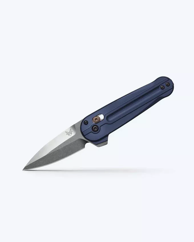 Benchmade 491 Lowden AXIS Flipper Folding Knife, 2.79″ M390 Satin Spear Point Blade, Crater Blue Aluminum Handles W/ Clip