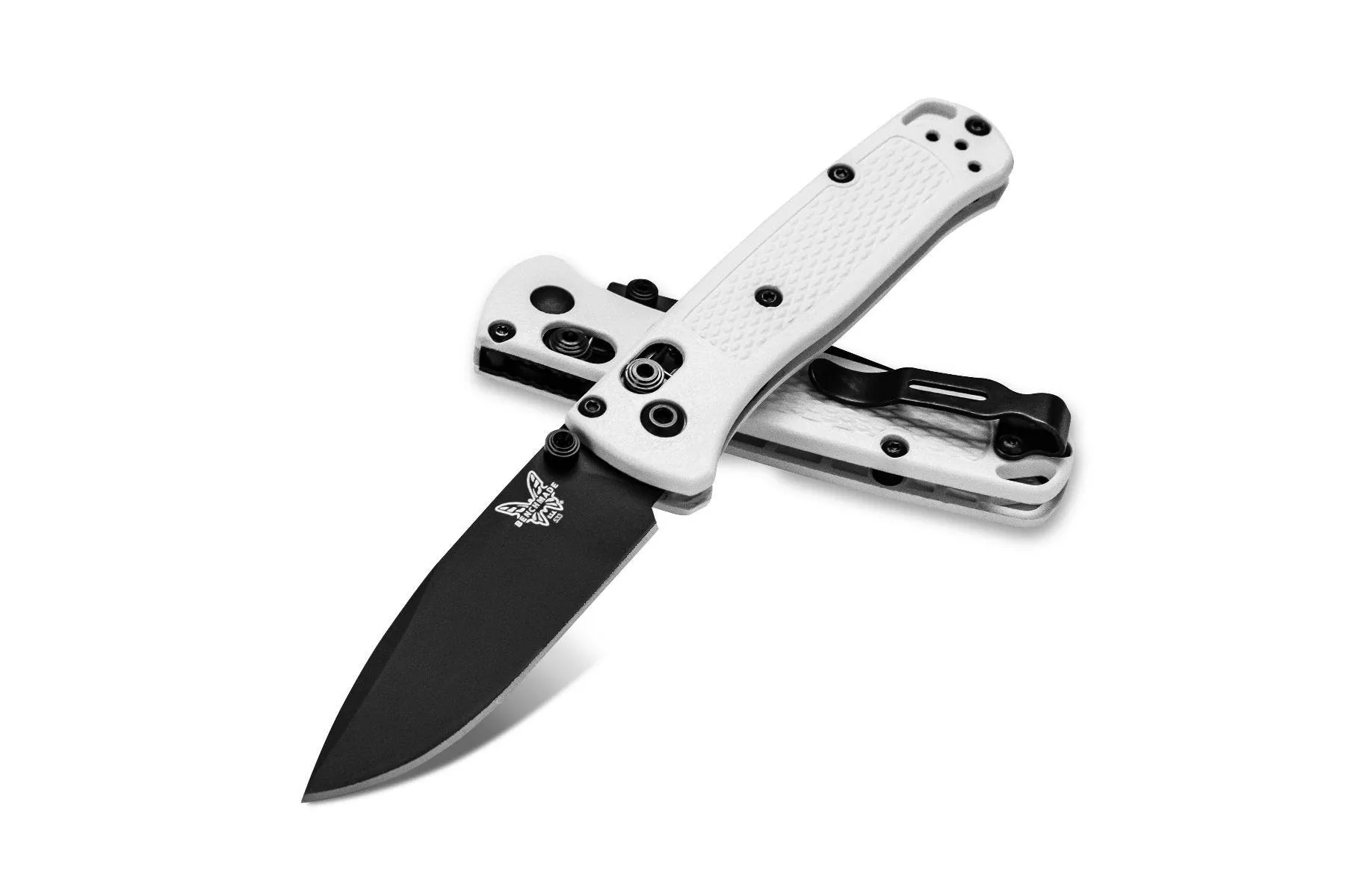 Benchmade 533BK-1 Mini Bugout – 2.82″ Plain Edge Black DLC CPM-S30V Drop Point Blade White Grivory Handle