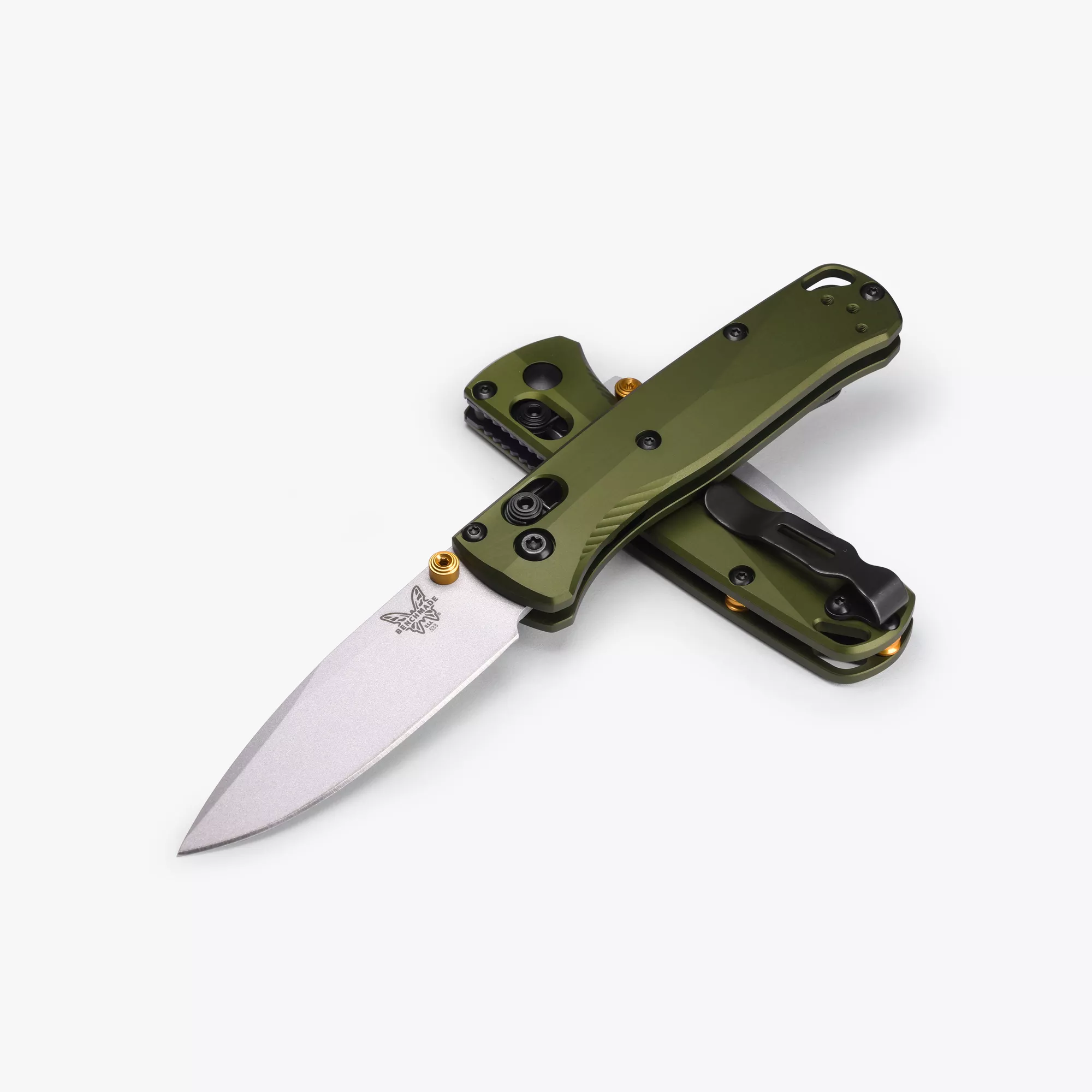 Benchmade 533SL-10 Mini Bugout Folding Knife, 2.82″ S90V Crushed Silver Cerakote Plain Blade, Woodland Green Aluminum Handles W/ Clip (Seasonal)