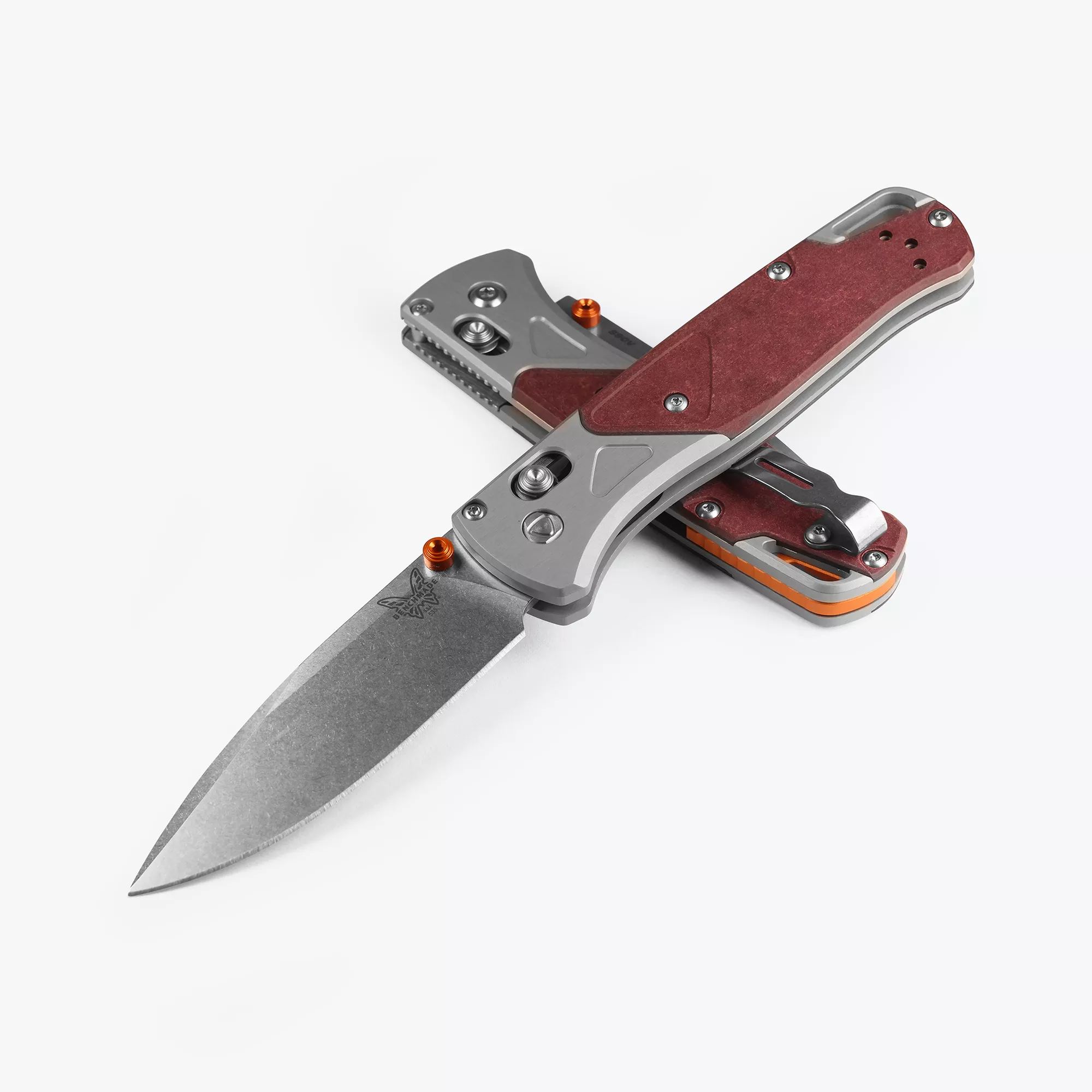 Benchmade 535-09 Bugout Folding Knife 3.24″ S90V Stonewashed Drop Point Blade, Aluminum / Redstone Richlite HandlesW/ Clip