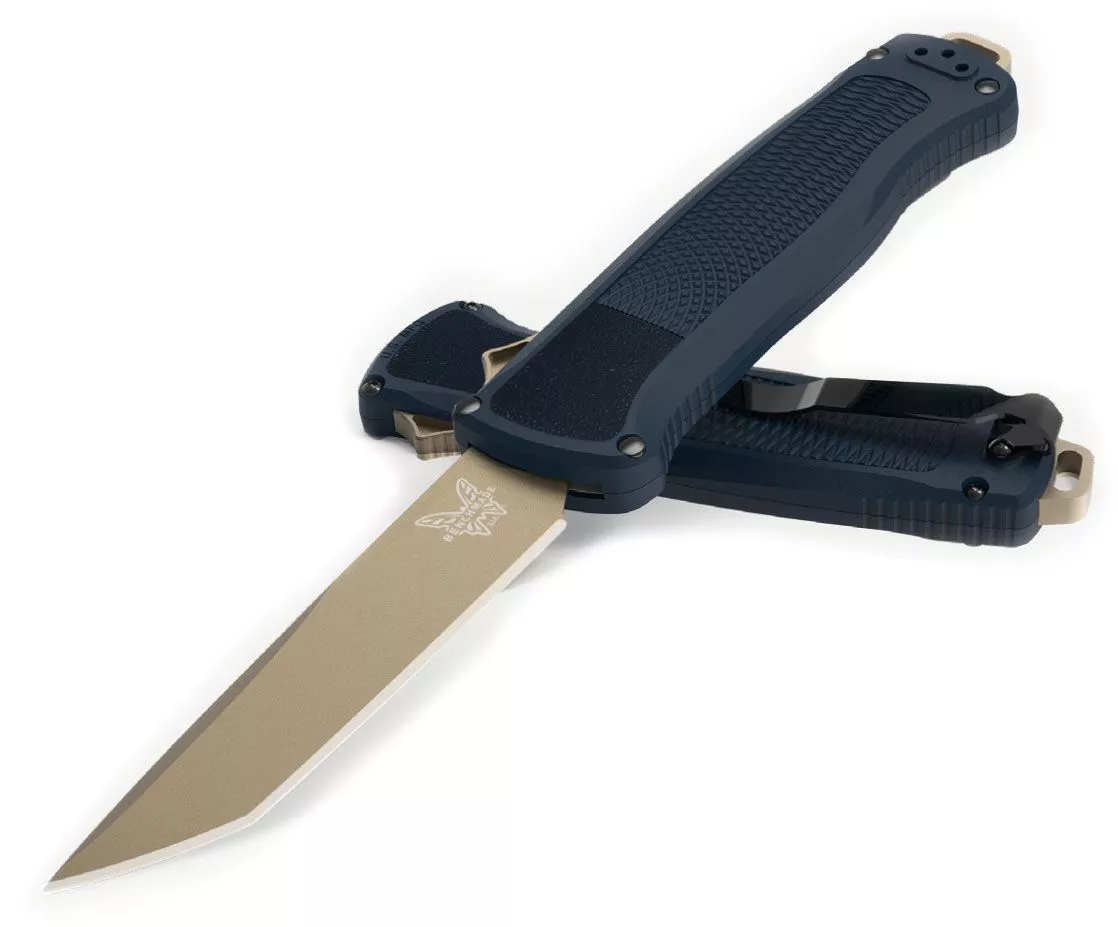 Benchmade 5370FE-01 Shootout OTF AUTOMATIC, 3.51″ Tanto Flat Dark Earth PVD CPM-CurWear Blade, Crater Blue Grivory Scales W/ Clip