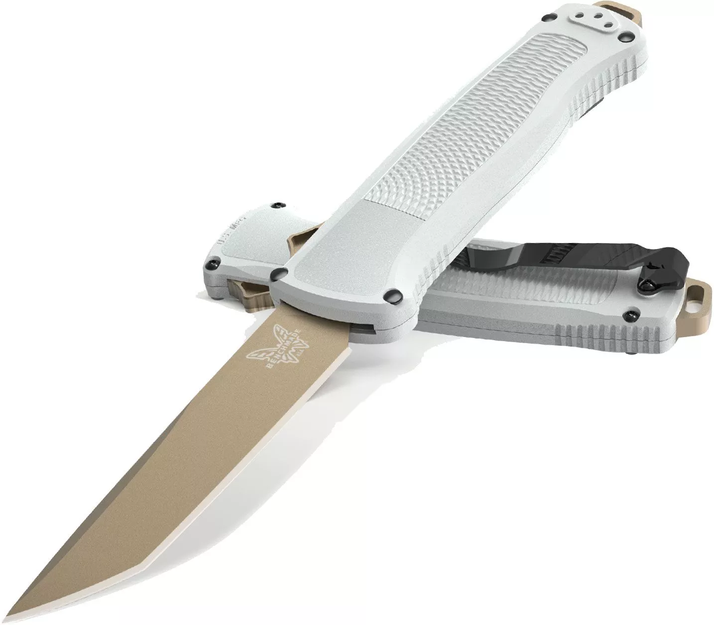Benchmade 5370FE-02 Shootout OTF AUTOMATIC, 3.51″ Tanto Flat Dark Earth PVD CPM-CurWear Blade, Cool Gray Grivory Scales W/ Clip
