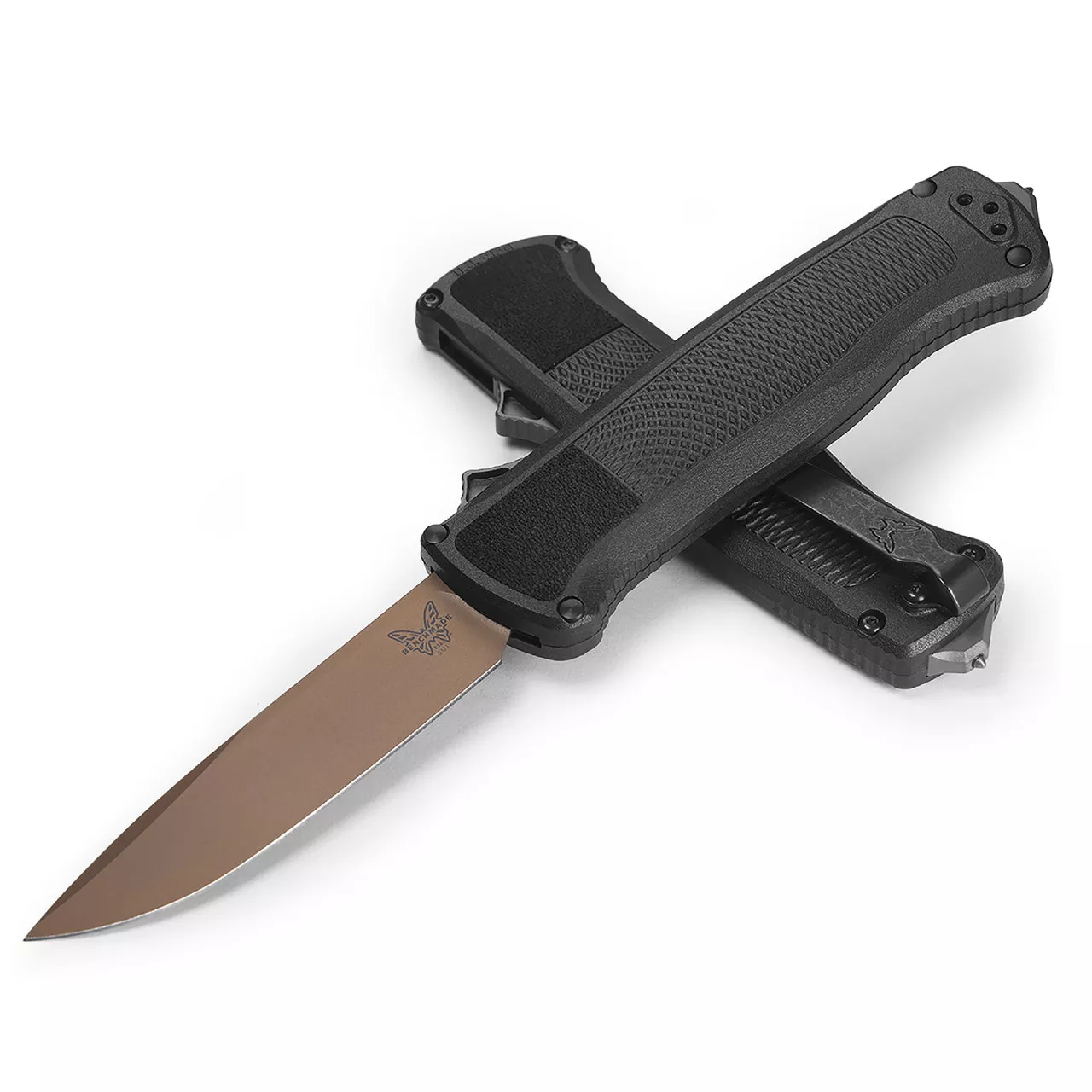 Benchmade 5371FE Shootout OTF AUTOMATIC, 3.49″ Flat Earth PVD CPM-CurWear Drop Point Blade, Black CF-Elite Scales W/ Clip