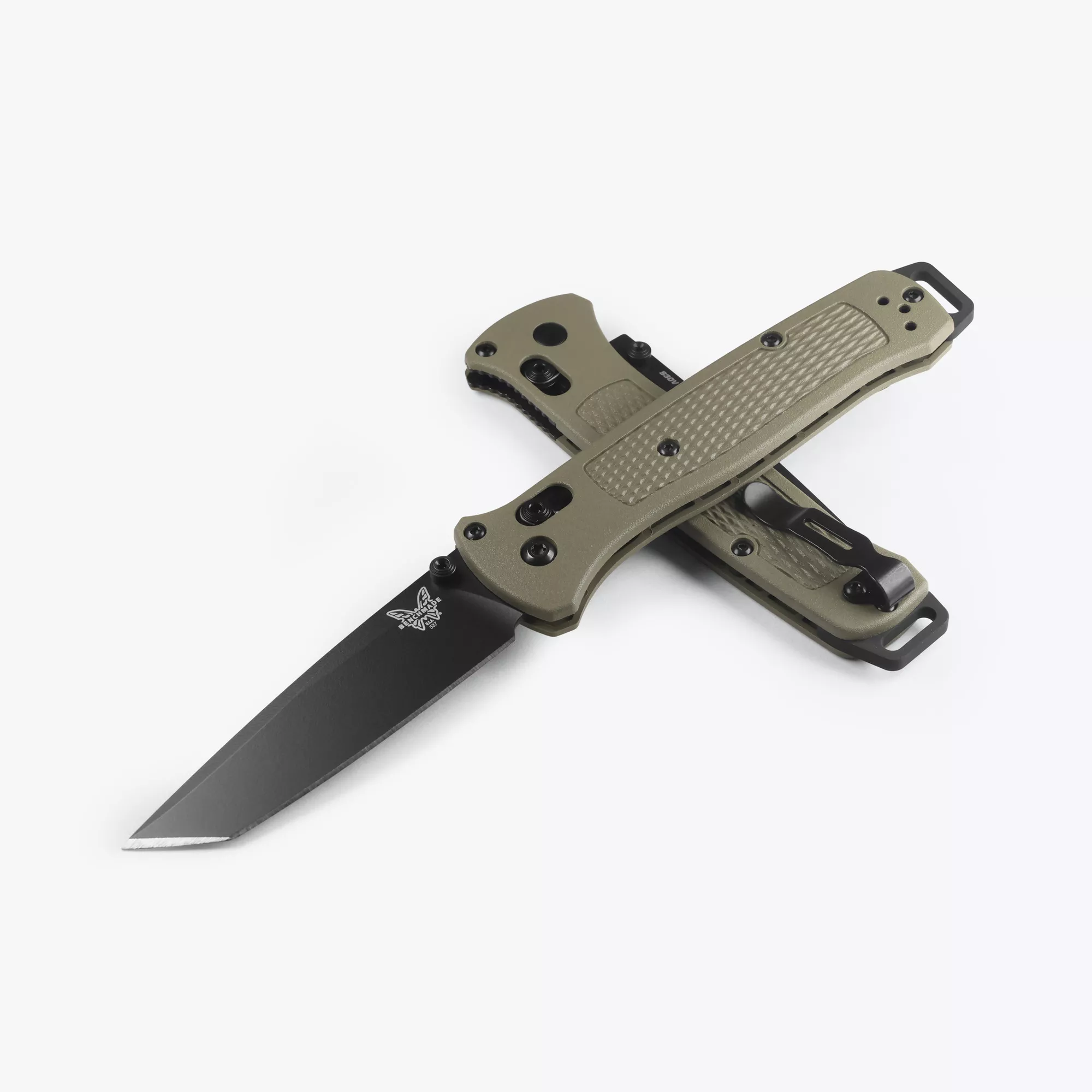 Benchmade 537BK-06 Bailout, 3.38″ Plain Edge Graphite Black Cerakote CPM-S30V Tanto Blade, Ranger Green Grivory Handles W/ Clip