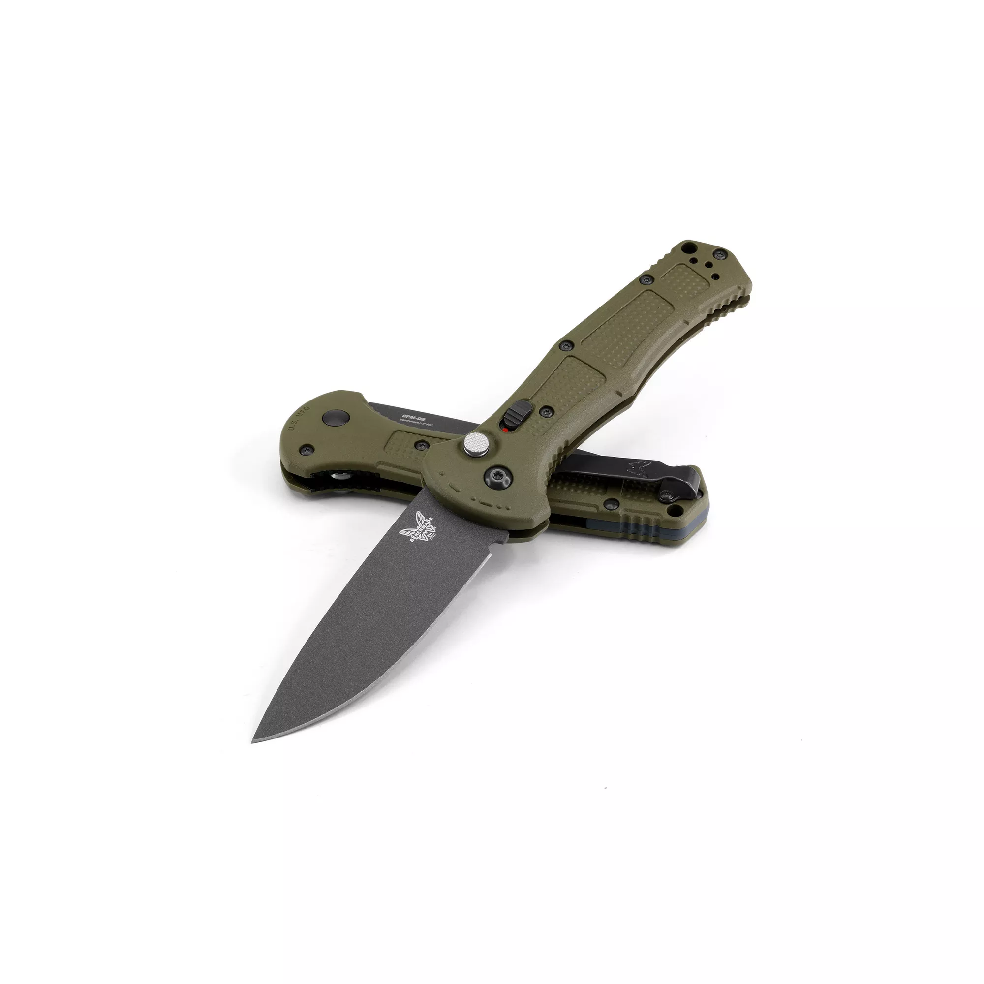 Benchmade 9070BK-1 Claymore AUTOMATIC – 3.6″ Plain Edge Cobalt Black Finish CPM-D2 Blade – Green Ranger Grivory Handle