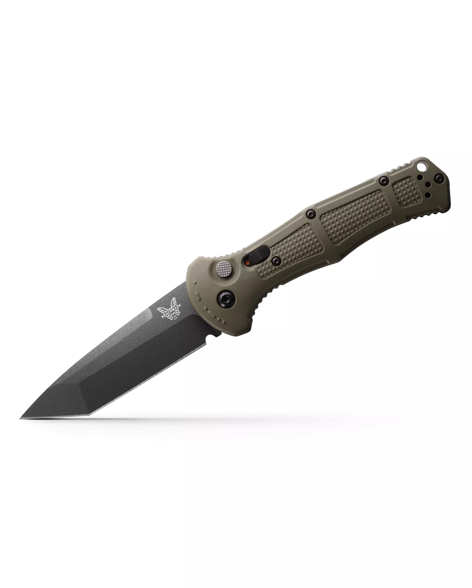 Benchmade 9071BK-1 Claymore AUTOMATIC, 3.6″ Tanto Plain Edge Cobalt Black Finish CPM-D2 Blade, Green Ranger Grivory Handle
