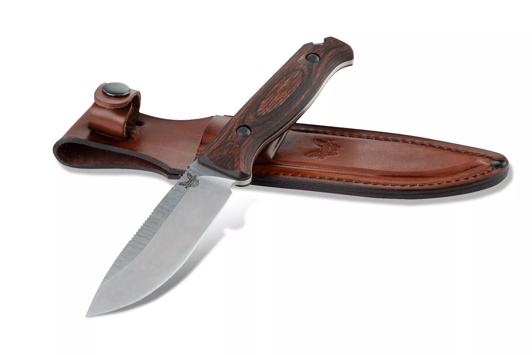 Benchmade HUNT 15002 Saddle Mountain Skinner – 4.2″ CPM-S30V Drop Point Blade – Stabilized Wood Scales – Brown Leather Sheath