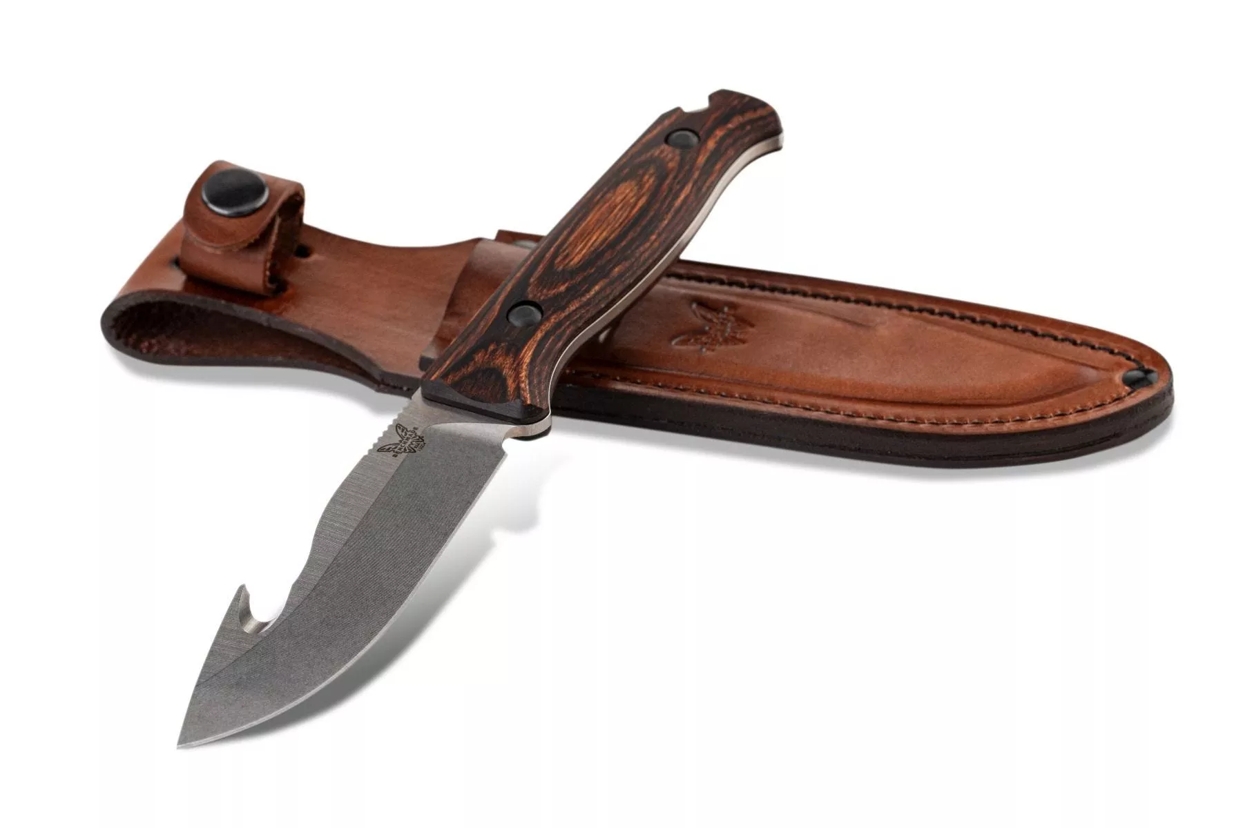 Benchmade HUNT 15004 Saddle Mountain Skinner – 4.2″ CPM-S30V Drop Point Blade w/Hook – Stabilized Wood Scales – Brown Leather Sheath