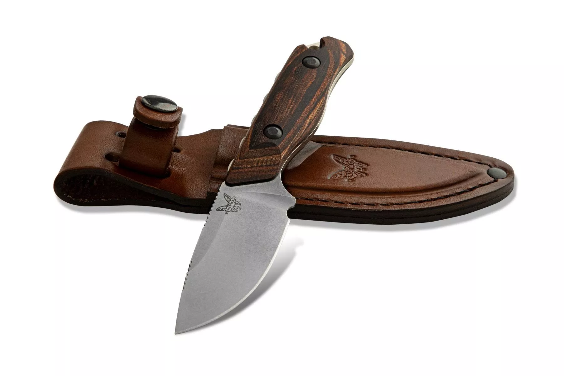 Benchmade HUNT 15017 Hidden Canyon Hunter – 2.79″ CPM-S30V Drop Point Blade – Stabilized Wood Scales – Brown Leather Sheath