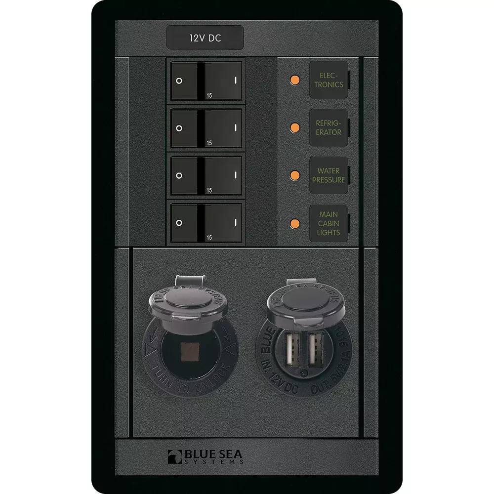 Blue Sea 1495 – 360 Panel – 4 Position 12V w/Dual USB12V Socket [1495]