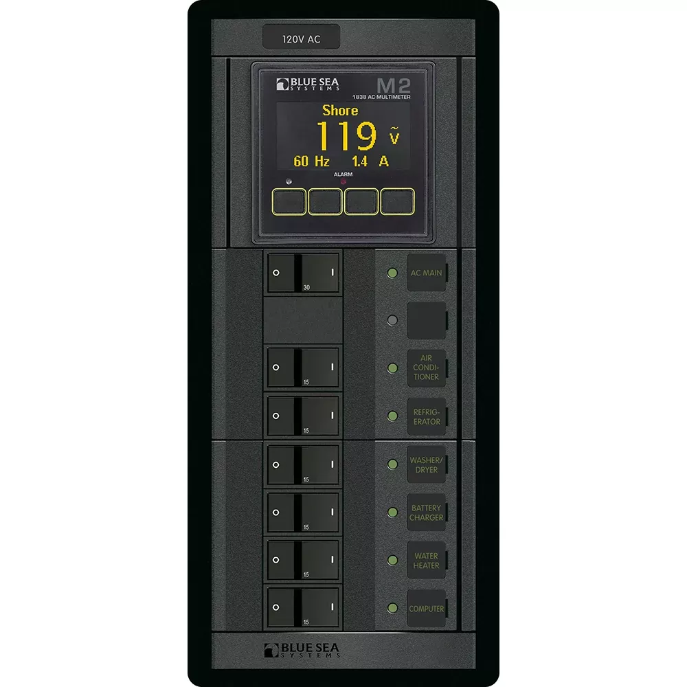 Blue Sea 1505 – 360 Panel – Main + 6 Position 120V AC Flat Rocker w/M2 AC Multimeter [1505]