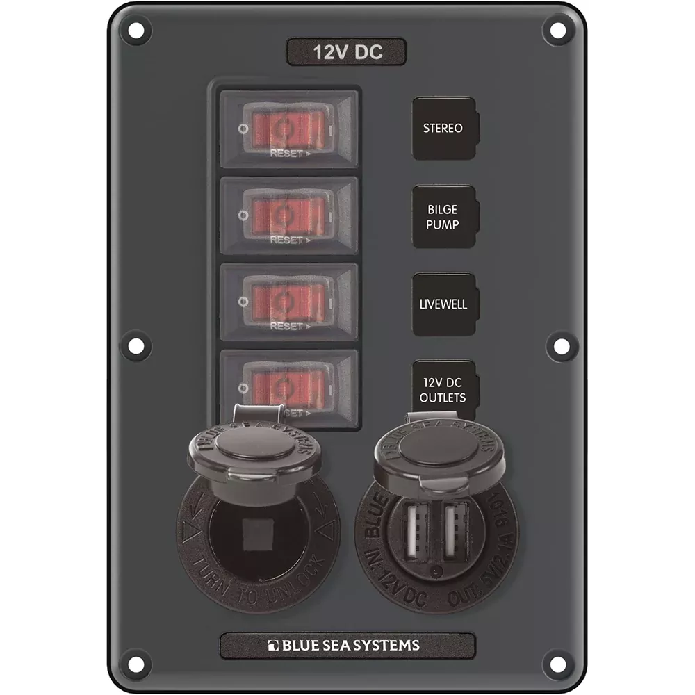 Blue Sea 4321 Circuit Breaker Switch Panel 4 Position – Gray w/12V SocketDual USB [4321]