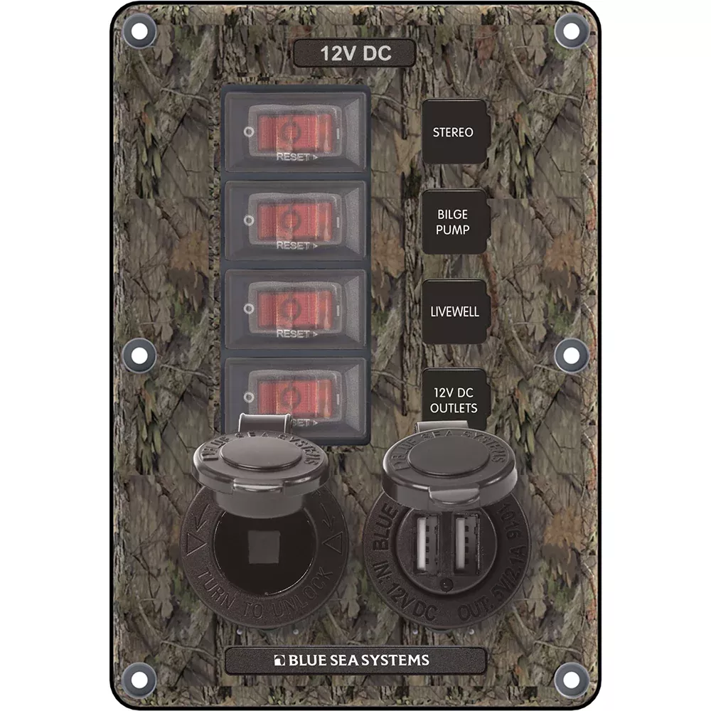 Blue Sea 4324 Circuit Breaker Switch Panel 4 Postion – Camo w/12V SocketDual USB [4324]