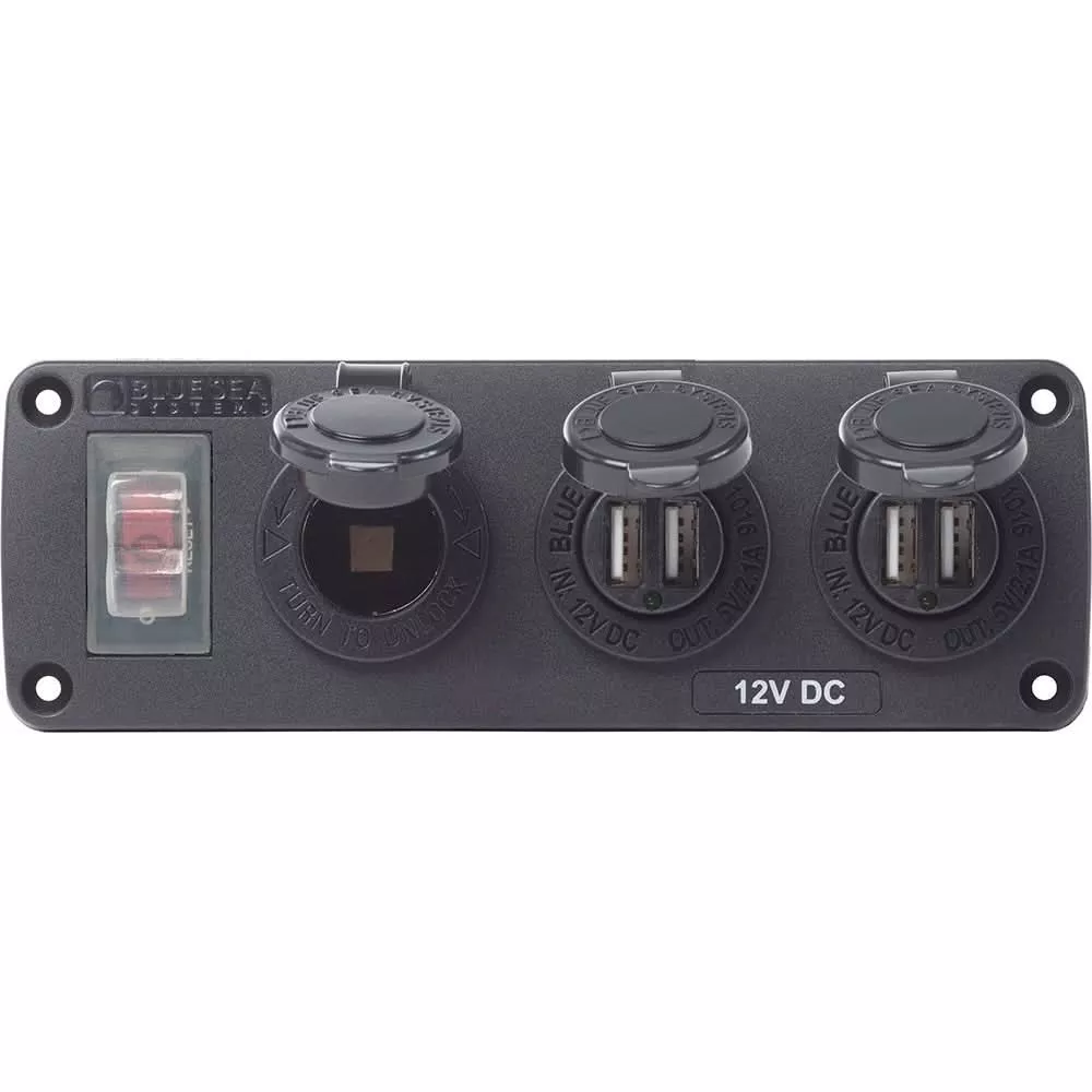 Blue Sea 4365 Water Resistant USB Accessory Panel – 15A Circuit Breaker, 12V Socket, 2x 2.1A Dual USB Chargers [4365]