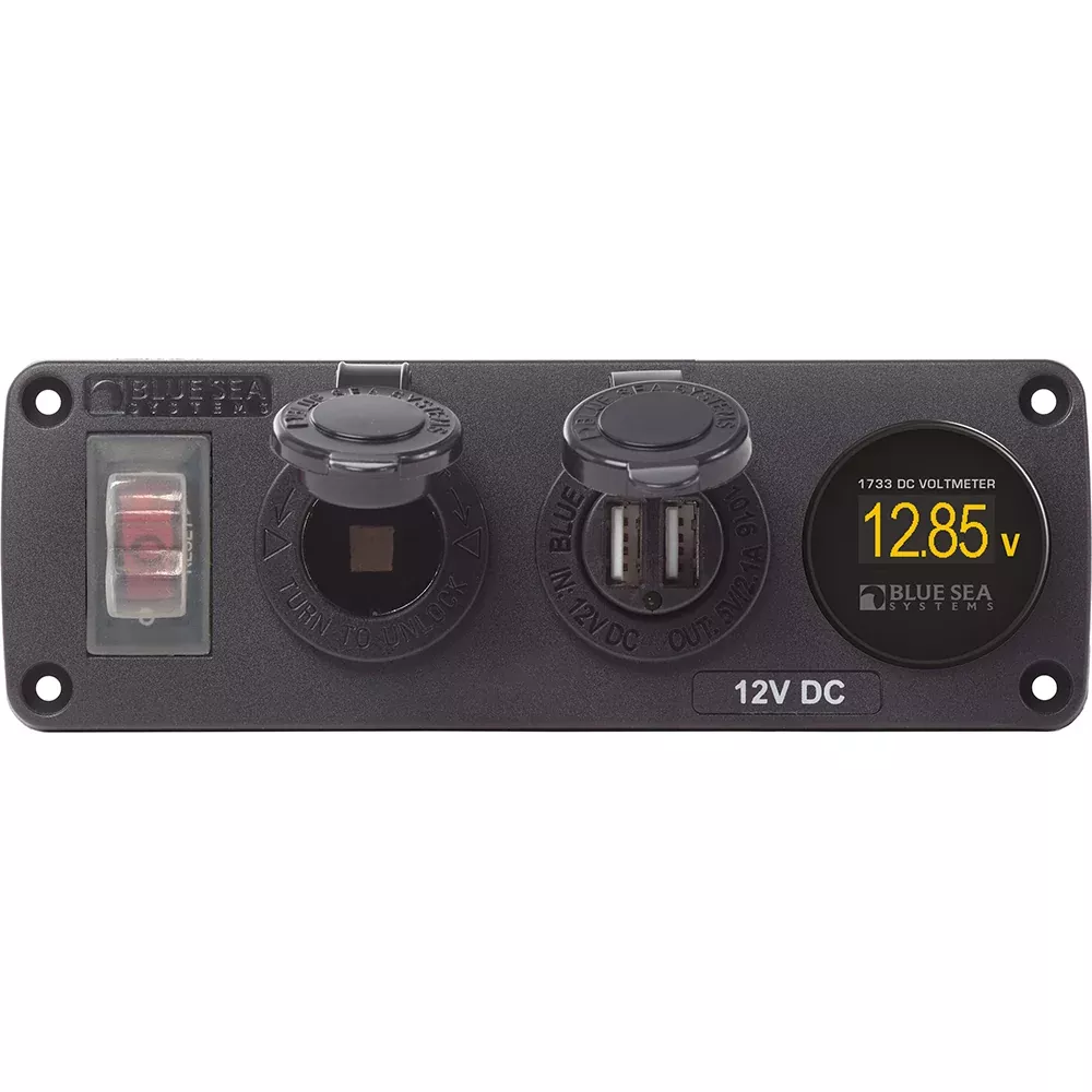 Blue Sea 4366 Water Resistant USB Accessory Panel – Circuit Breaker, 12V Socket, Dual USB Charger, Mini Voltmeter [4366]