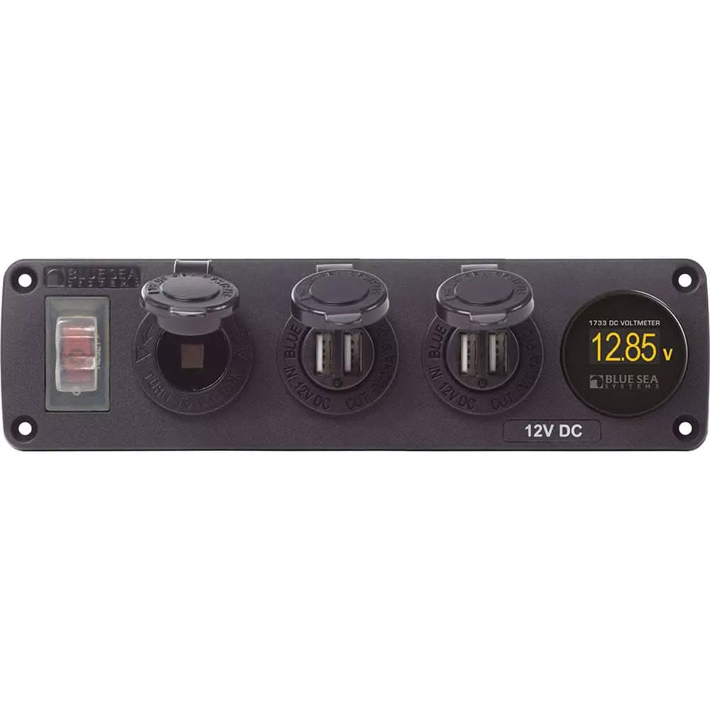 Blue Sea 4368 Water Resistant USB Accessory Panel – 12V Socket, 2x 2.1A Dual USB Chargers, Mini Voltmeter [4368]