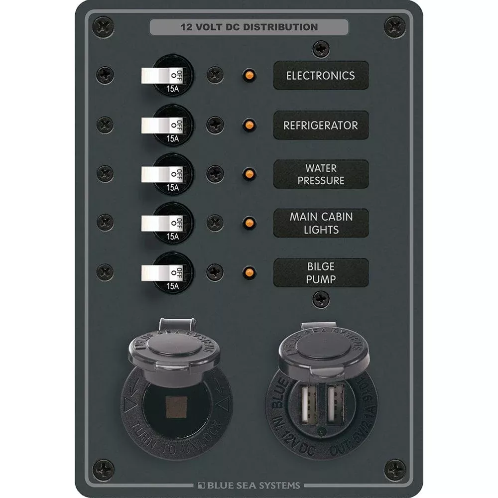 Blue Sea 8120 Breaker Panel 5 Position w/DC Socket & Dual USB