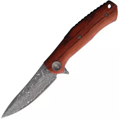 BnB Knives BNB1086M Damascus Falcon Folder Knife 3.20" VG10 Damascus Drop Point Plain Edge Blade, Mkuruti Wood Handle