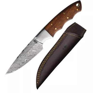 BnB Knives BNB15248 Small Spear Hunter Fixed Knife 3.50" Damascus Drop Point Plain Edge Blade, Walnut Burl Handle and Leather Sheath