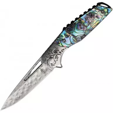 BnB Knives BNB1991A Abalone Flipper Knife, VG10 Damascus Drop Point Plain Edge Blade, Premium Leather Sheath
